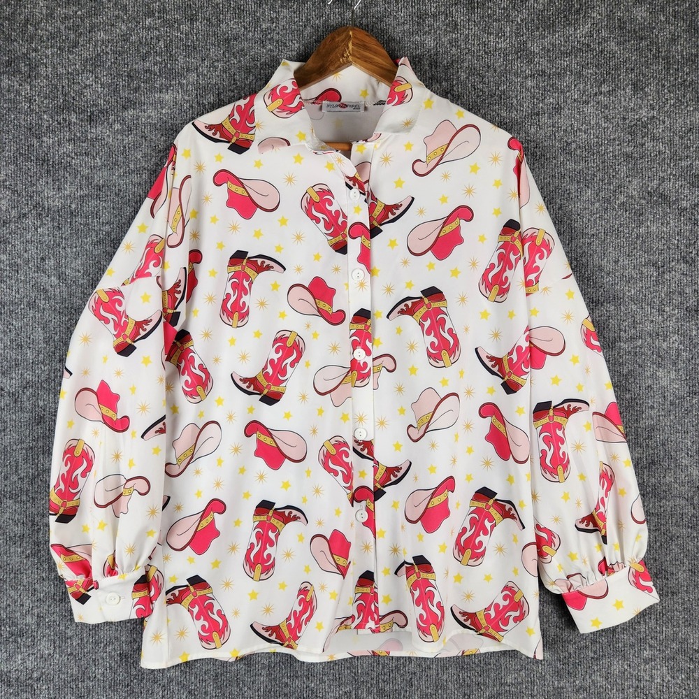 Nylon Apparel Shirt Womens Cowboy Boot Hat Print Button Down White Pink Medium